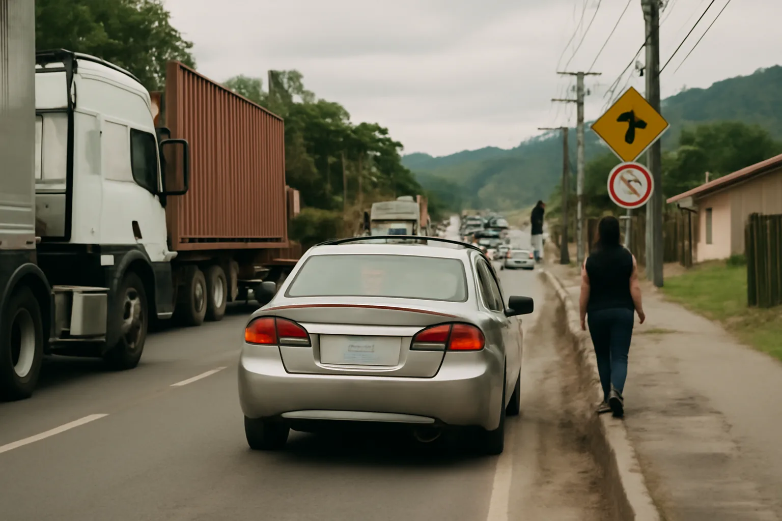 Carreta tomba e atinge carro na BR-280 em Corupá